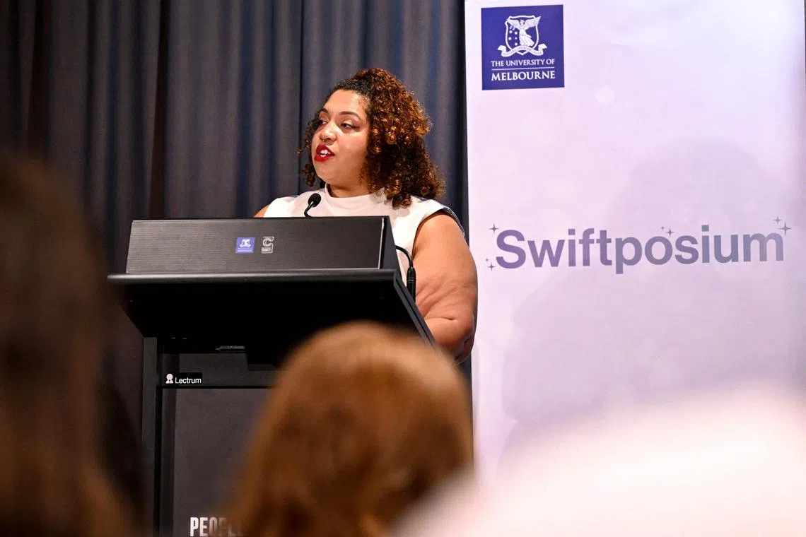 Rolling Stone writer Brittany Spanos speaks during the Taylor Swift "Swiftposium" at the University of Melbourne on Feb 12, 2024. 