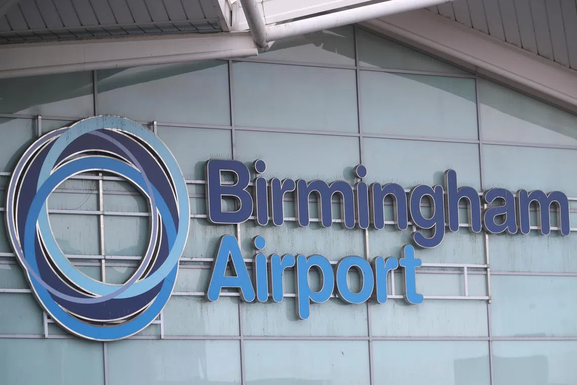 The logo of Birmingham Airport is seen in this file photo, in Birmingham, Britain, February 15, 2021. REUTERS/Carl Recibe/File Photo