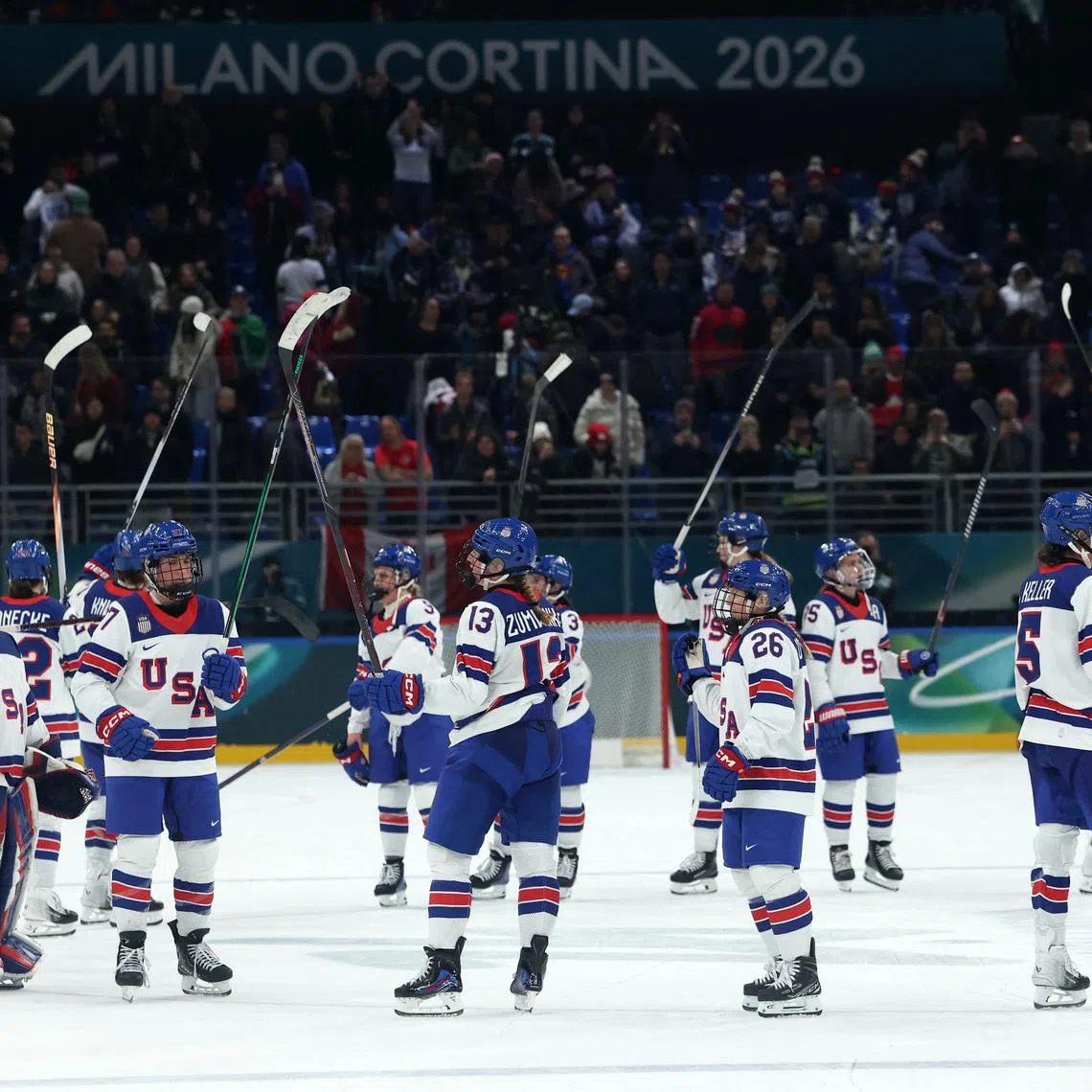 Milano Cortina 2026 Olympics - Ice Hockey - Women's Preliminary Round - Group A - Canada vs United States - Milano Santagiulia Ice Hockey Arena, Milan, Italy - February 10, 2026. General view as United States players celebrate after the match REUTERS/Mike Segar