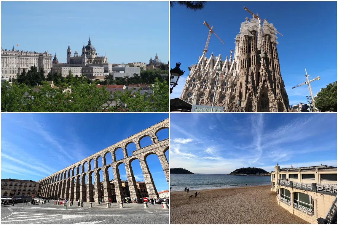 (Clockwise from top left) The Royal Palace in Madrid, the Sagrada Familia in Barcelona, the beach at San Sebastian and the Roman aqueduct in Segovia.
