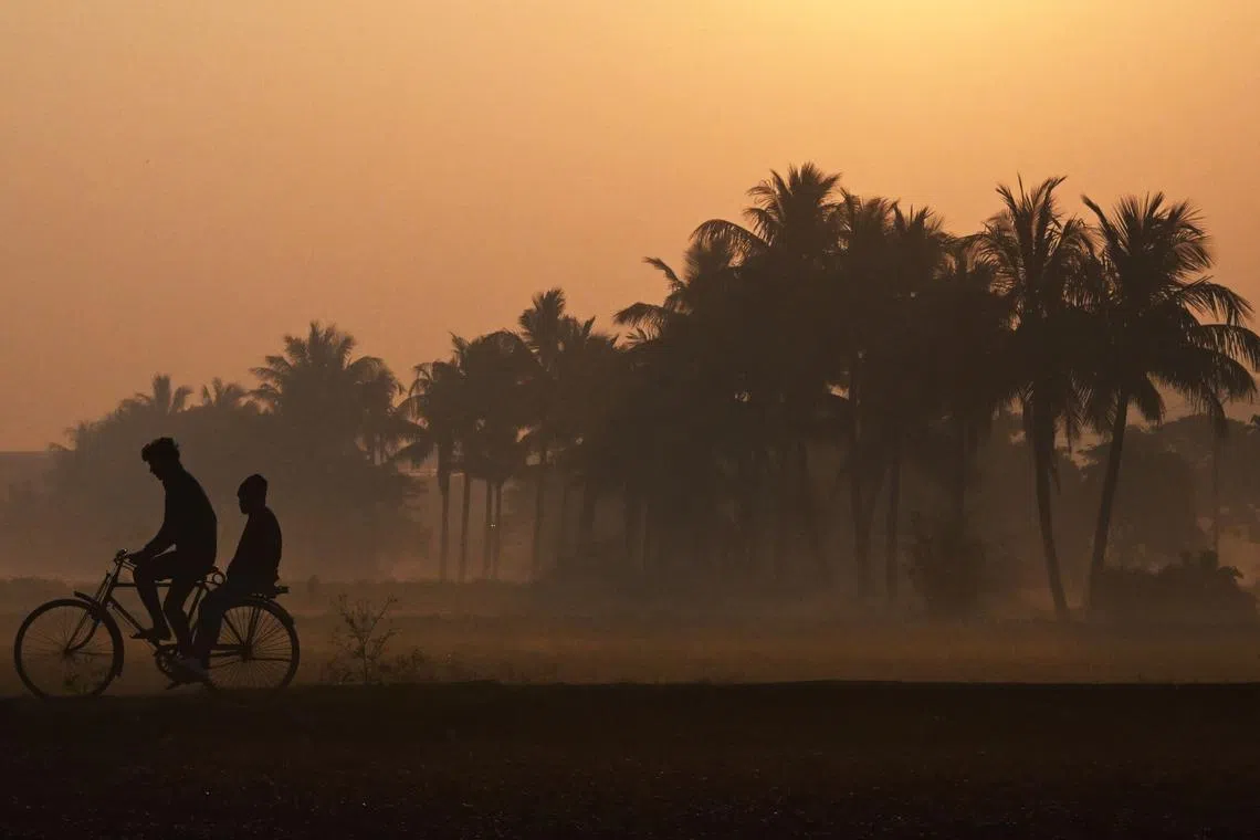 Farmers riding past a field on a foggy winter morning in Kolkata, on Dec 12, 2024.