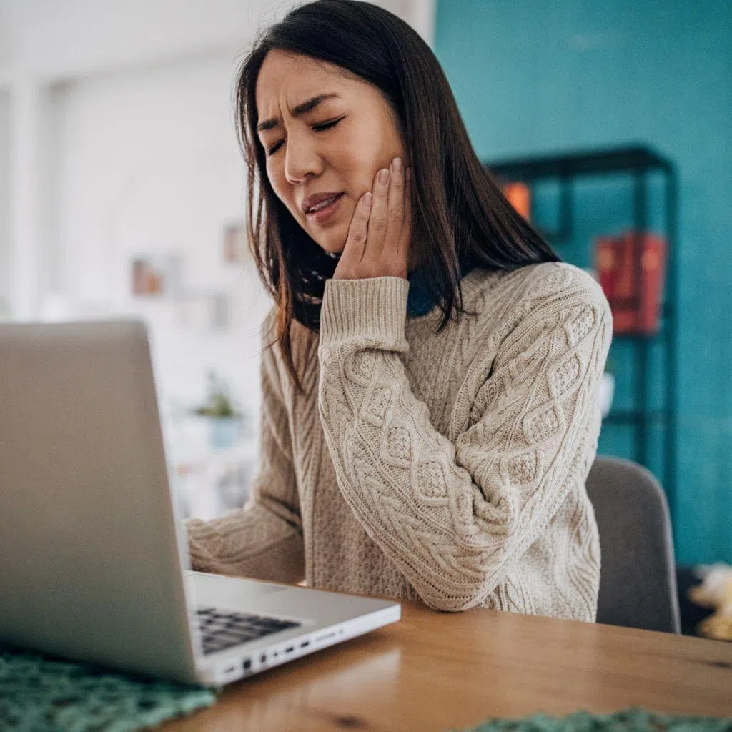 Asian woman sitting in front a laptop one hand on her jaw, looking like she's in pain