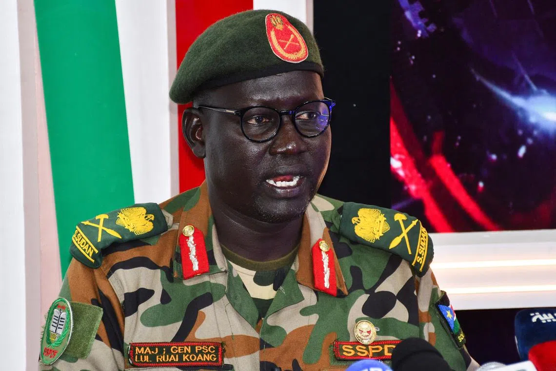 Army spokesperson Major General Lul Ruai Koang, attends a press conference following a night of gunfire after security forces moved to arrest the former head of the intelligence service, in Juba, South Sudan November 22, 2024. REUTERS/Samir Bol/File Photo