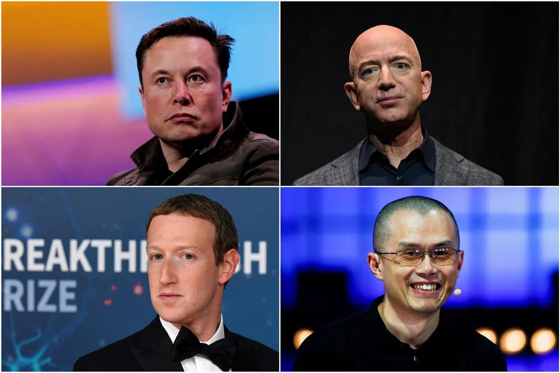 (Clockwise from top left) Elon Musk, Jeff Bezos, Zhao Changpeng and Mark Zuckerberg alone saw some US$392 billion erased from their cumulative net worth.
