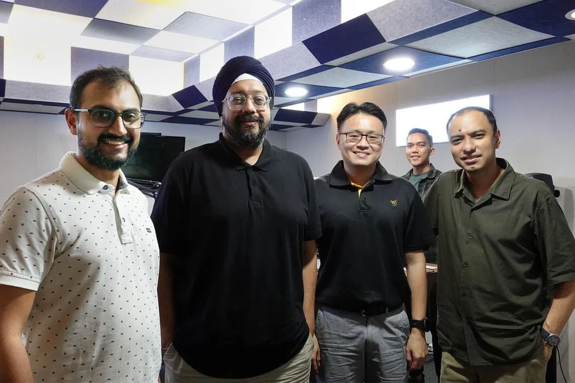(From left) ComLink+ volunteer Manas Gupta, foster home volunteer Malminderjit Singh and Mr Lim Teck Kiat, a senior director in policy from Ministry of Social & Family Devt, ST's podcast producer Amirul Karim (back), and podcast editor Ernest Luis.