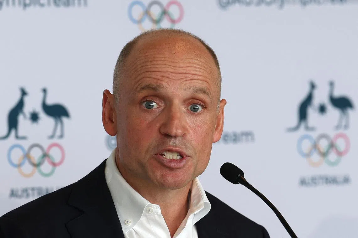 Newly appointed Australian Olympic Committee (AOC) CEO Mark Arbib speaking at a press conference at the Museum of Contemporary Art in Sydney on April 2, 2025.