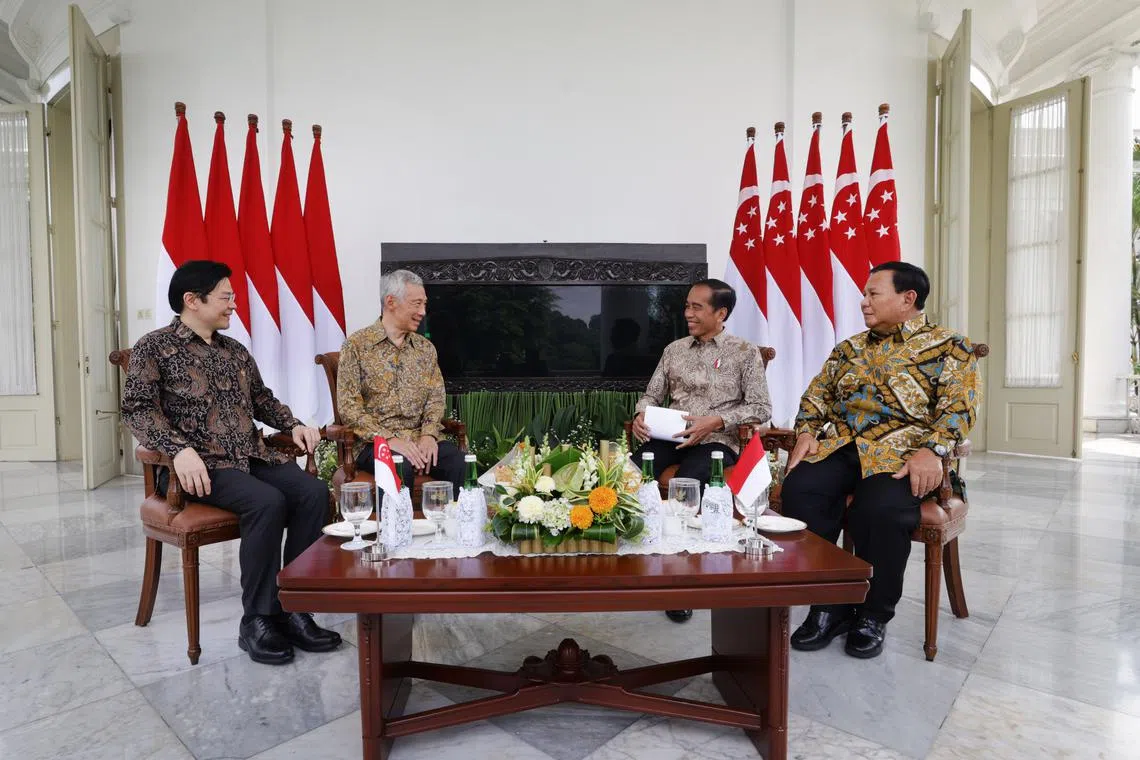 (From left) DPM Lawrence Wong, PM Lee Hsien Loong, Indonesian President Joko Widodo and Indonesian Defence Minister Prabowo Subianto at Bogor state palace in West Java on April 29.