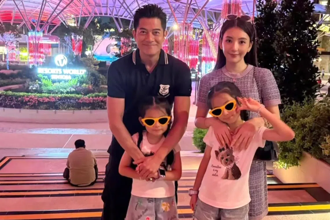 Aaron Kwok with his wife Moka Fang and their two elder daughters were in Singapore in August for a family holiday. Kwok and Fang have a third daughter who turns one in October.