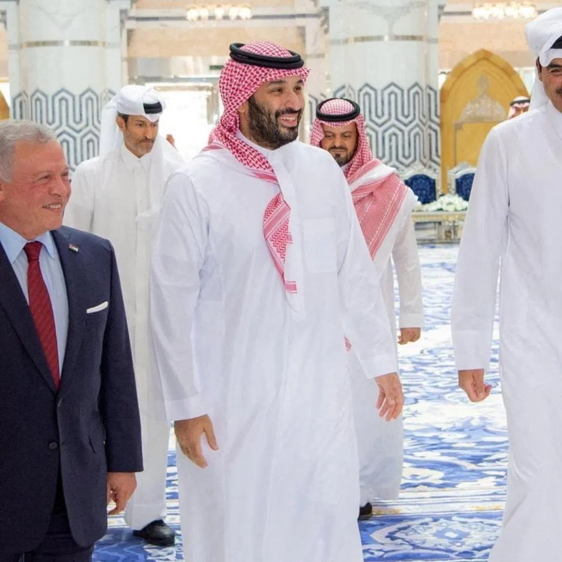 (From left) Jordan's King Abdullah II, Saudi Crown Prince Mohammed Bin Salman and the Emir of Qatar, Sheikh Tamim bin Hamad Al Thani, meeting  in Jeddah on March 30.