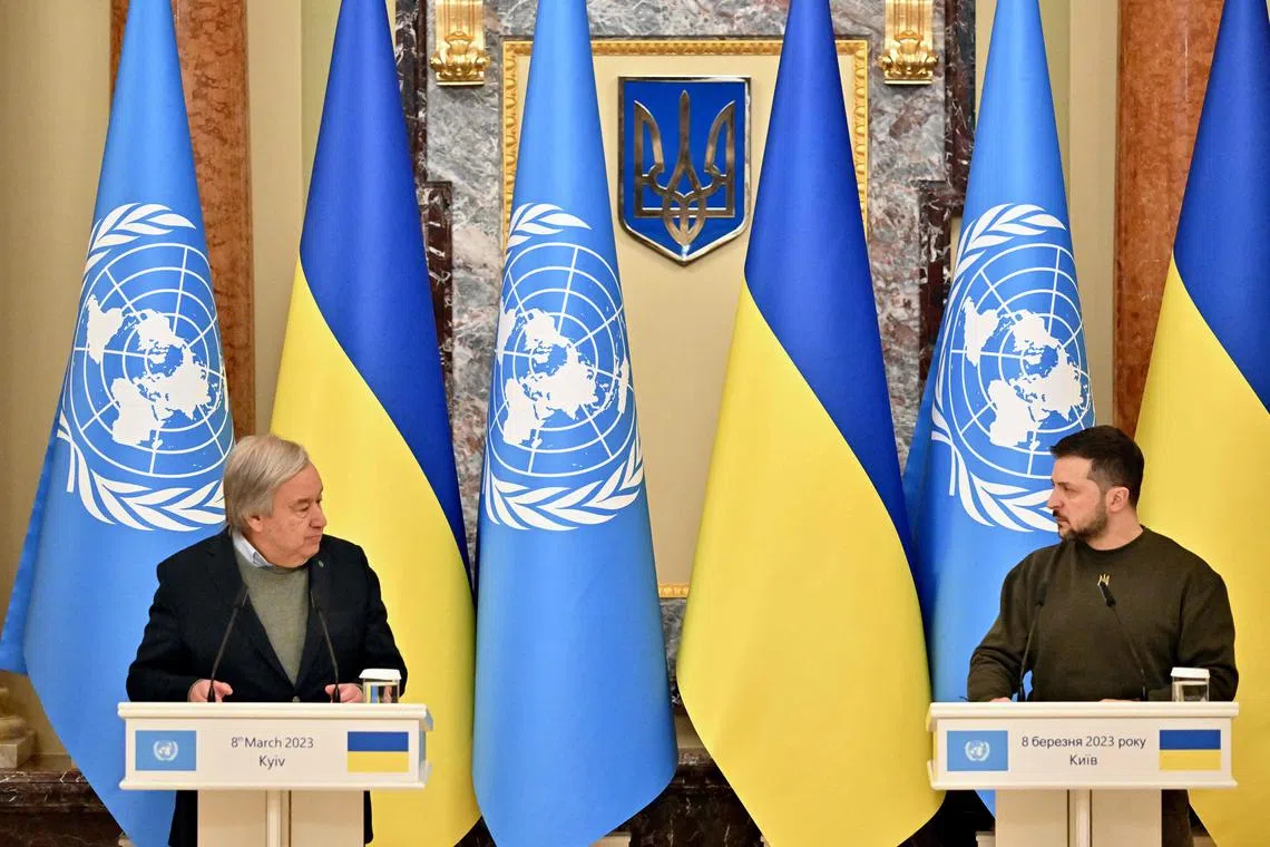 United Nations' Secretary-General Antonio Guterres (left) and Ukrainian President Volodymyr Zelensky give a joint statement following their meeting in Kyiv, on March 8, 2023.