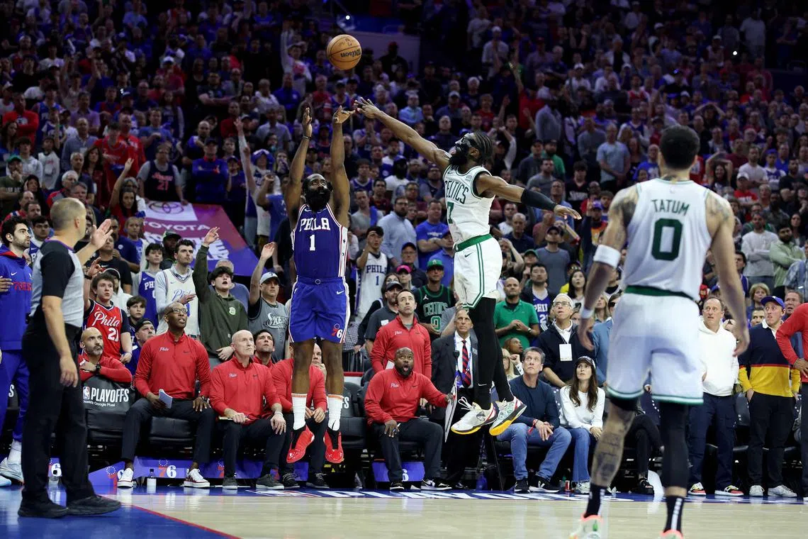 James Harden of the Philadelphia 76ers shooting the game-winning three-point basket against Jaylen the Boston Celtics during overtime in Game 4 on Sunday. 