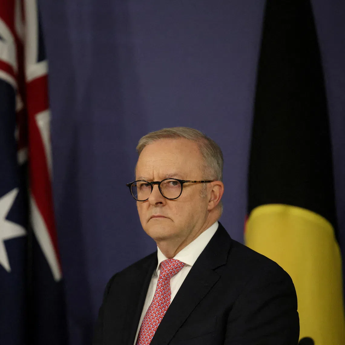 FILE PHOTO: Australian Prime Minister Anthony Albanese reacts during a press conference in Sydney, Australia, in Sydney, Australia, September 12, 2025.  REUTERS/Hollie Adams/File Photo