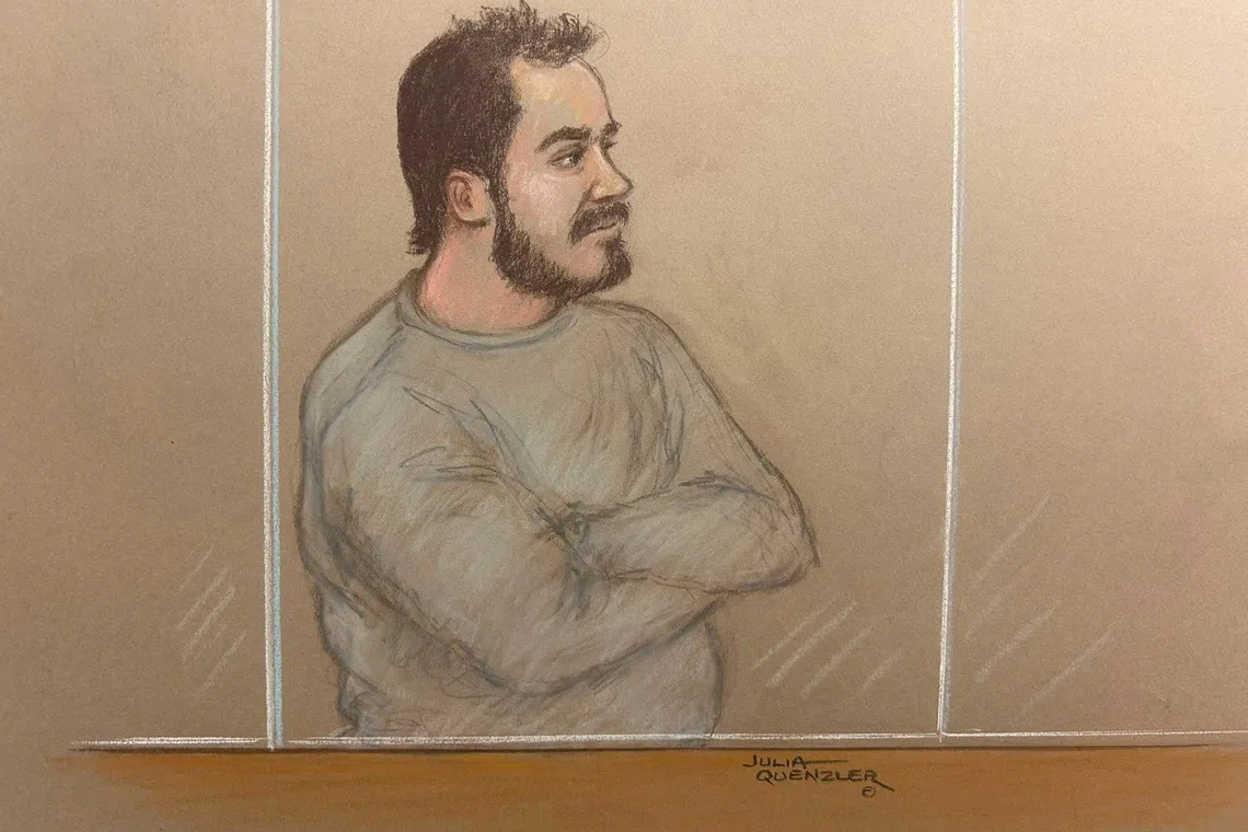 Joshua Kerry appears at Westminster Magistrates' Court charged with the murder of former government minister Ann Widdecombe, in London, Britain, July 21, 2026, in this courtroom sketch. REUTERS/Julia Quenzler
