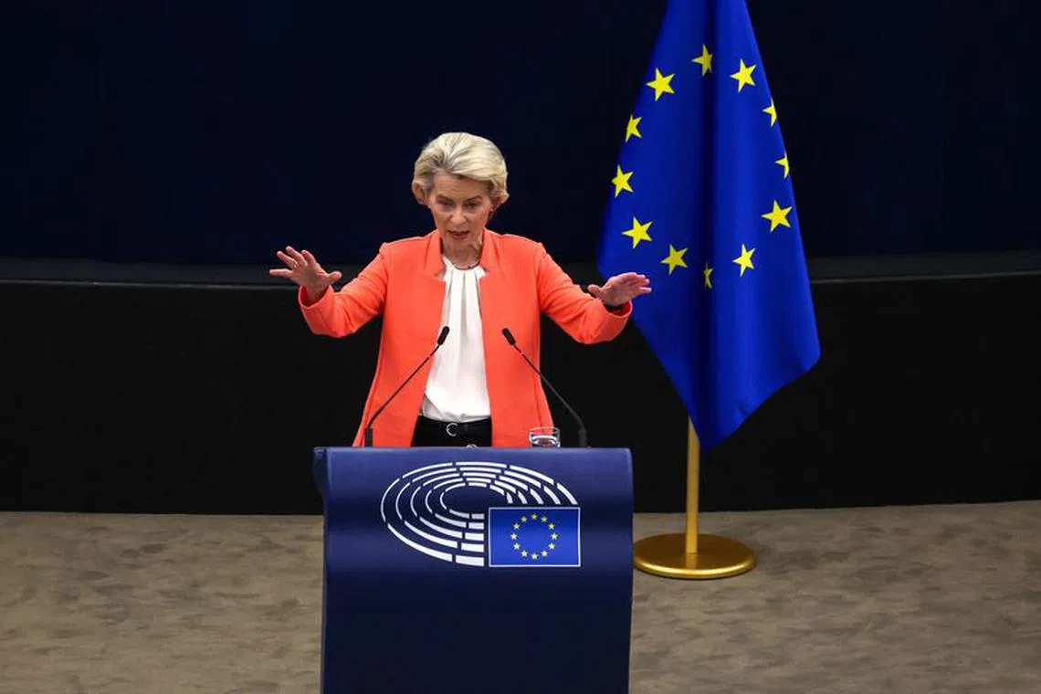 European Commission President Ursula von der Leyen delivers the State of the European Union address to the European Parliament, in Strasbourg, France, September 13, 2023. REUTERS/Yves Herman