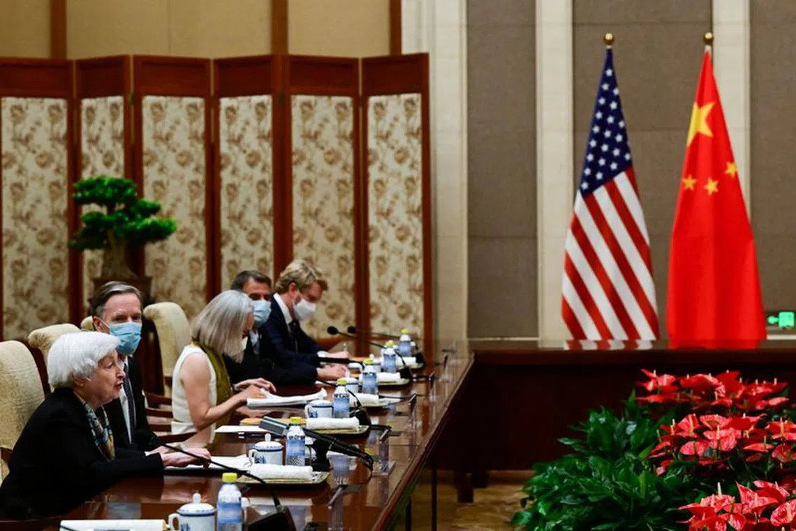 US Treasury Secretary Janet Yellen (L) attends a meeting with Chinese Vice Premier He Lifeng at the Diaoyutai State Guesthouse in Beijing on July 8, 2023.    Pedro PARDO/Pool via REUTERS/File Photo