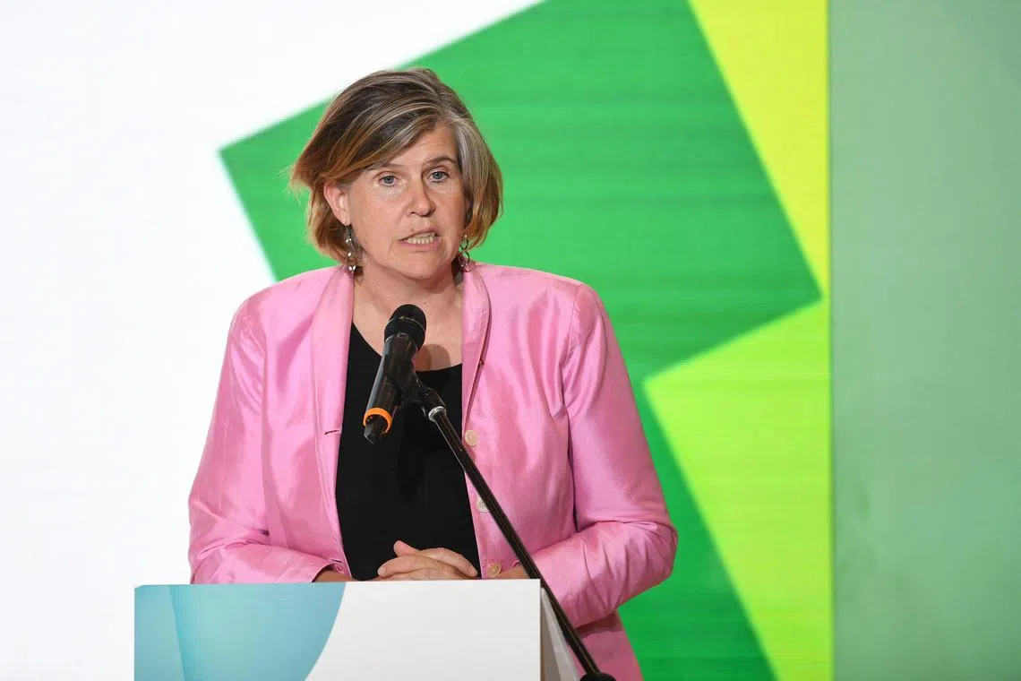 The Netherlands Special Envoy for Water International Affairs, Meike van Ginneken, delivers a speech at the P4G Summit Colombia 2023 in Bogota on September 22, 2023. (Photo by Daniel Munoz / AFP)