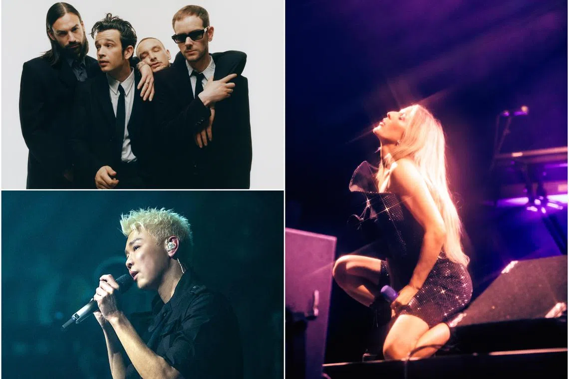 (Clockwise from top left) British pop rock band The 1975, British singer-songwriter Ellie Goulding and Taiwanese singer David Tao.