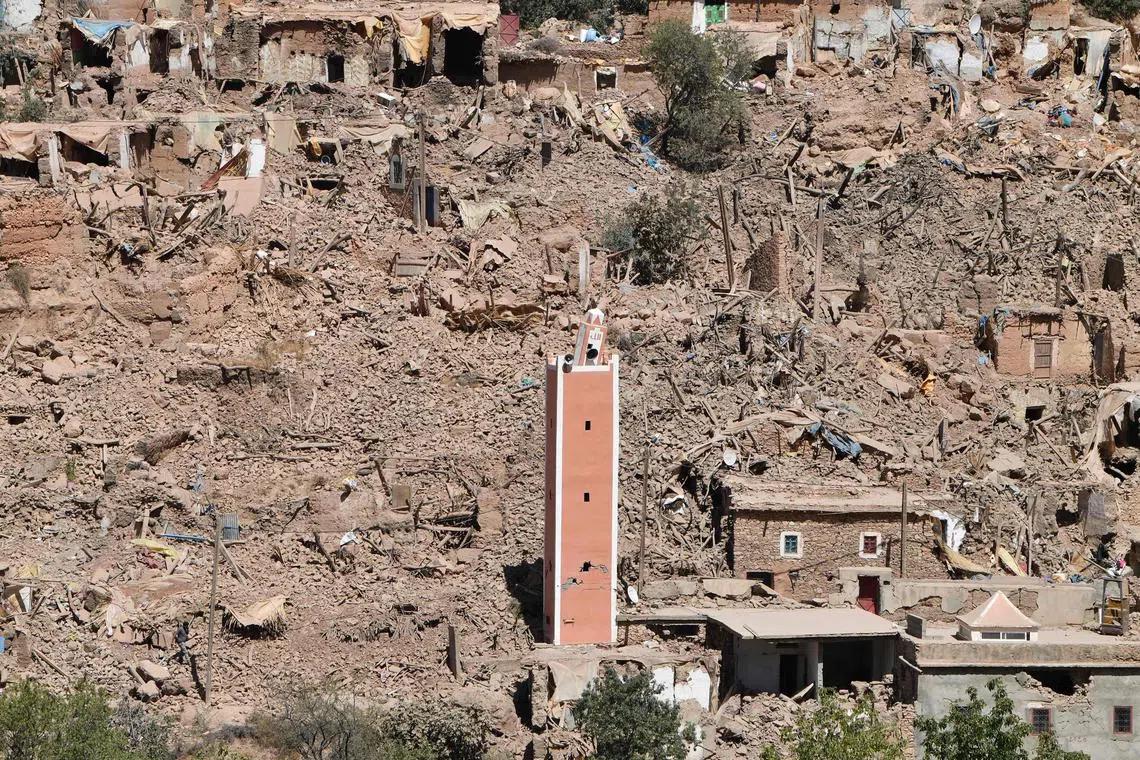 A view showing the damage and destruction in the village of Tiksit, south of Adassil, on Sept 10, 2023, two days after a devastating 6.8-magnitude earthquake struck the country. 