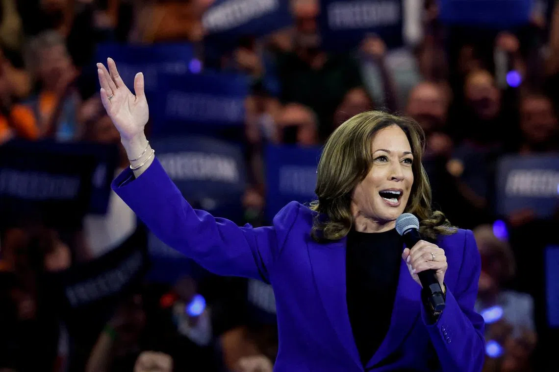 U.S. Vice President and Democratic presidential nominee Kamala Harris speaks as she is filmed for a live broadcast into Chicago's Democratic National Convention (DNC), after delegates of each state delegation ended the roll call to once again nominate her as presidential nominee, during her rally in Milwaukee, Wisconsin, U.S. August 20, 2024. REUTERS/Marco Bello/File Photo