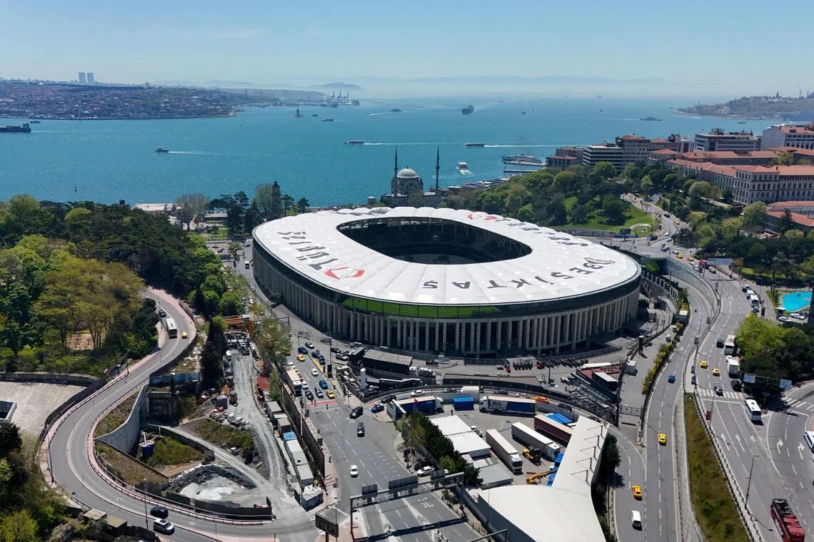 A drone view shows Besiktas Park in Istanbul on May 7, 2026 ahead of the UEFA Europa League final between SC Freiburg and Aston Villa.