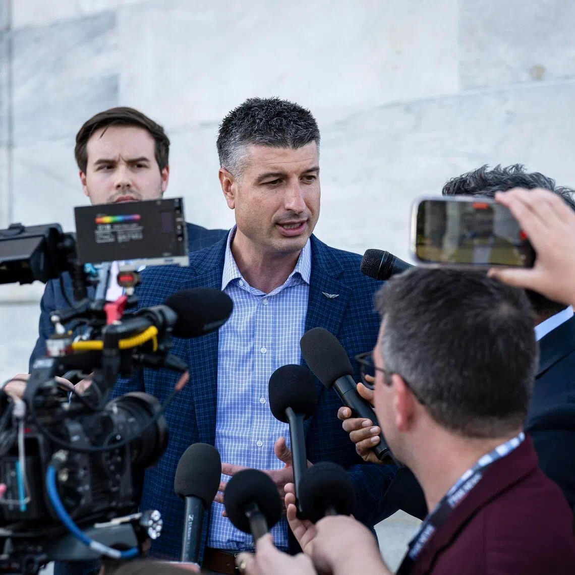 Representative Tom Barrett, a Republican representing Michigan, speaking to reporters after the House passed an Iran war powers resolution on June 3.