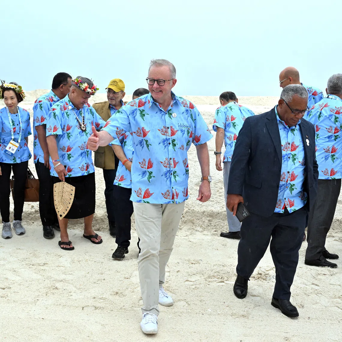Australia’s Prime Minister Anthony Albanese (centre) visiting the Tuvalu Coastal Adaptation Project with other leaders during a pre-COP31 meeting on Oct 6.