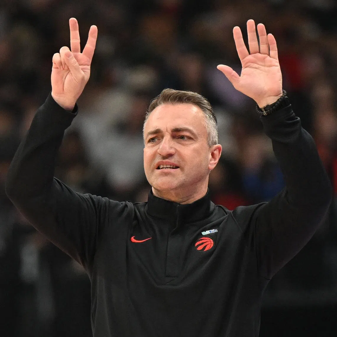 Apr 1, 2026; Toronto, Ontario, CAN;  Toronto Raptors head coach Darko Rajakovic gestures as he directs his players against the Sacramento Kings in the first half at Scotiabank Arena. Mandatory Credit: Dan Hamilton-Imagn Images