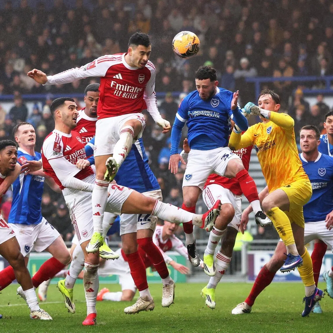 Arsenal's Gabriel Martinelli heading home their second goal in the 3-1 FA Cup win over Portsmouth on Jan 11.