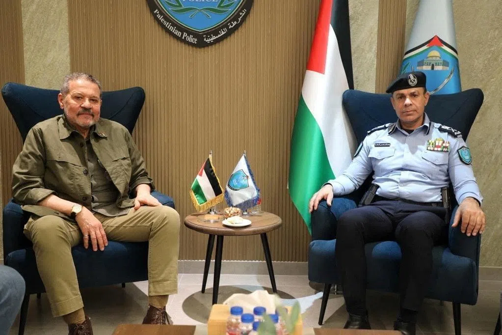 Mr Yasser Abbas, son of Palestinian President Mahmoud Abbas, meeting the Chief of the Palestinian Police, Alam Al-Saqqa, in Ramallah, on April 26.