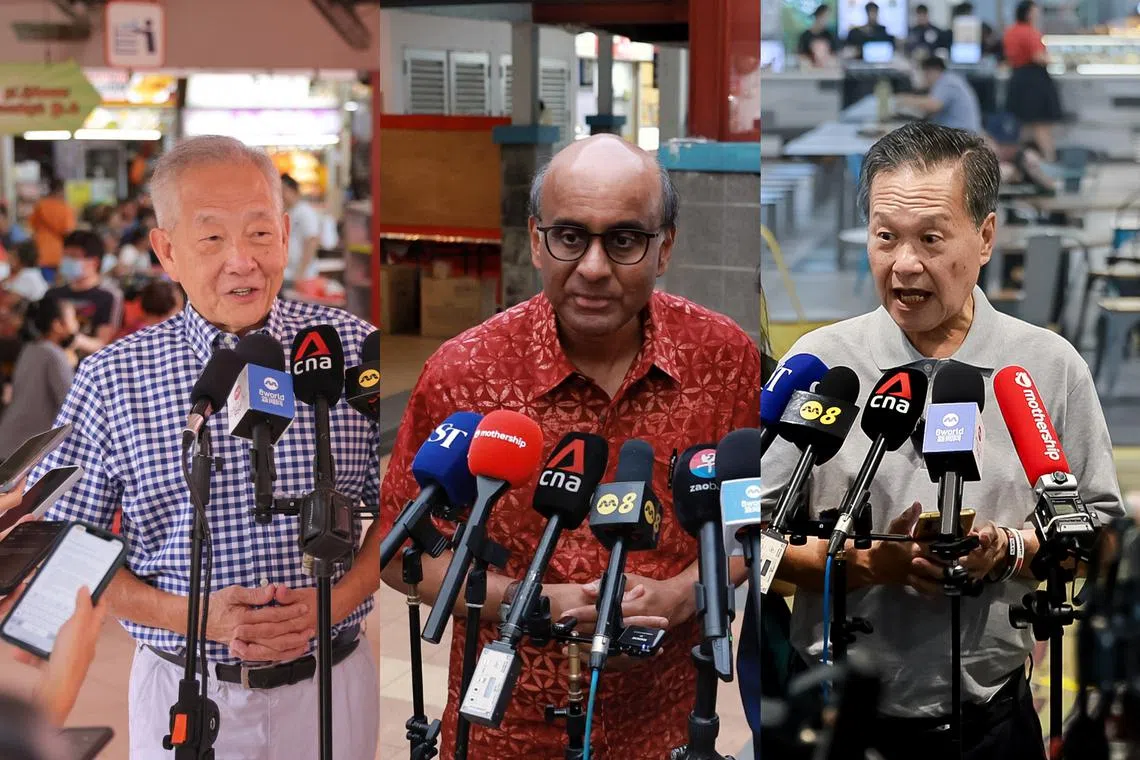 (From left) Mr Ng Kok Song, Mr Tharman Shanmugaratnam and Mr Tan Kin Lian were quick to credit their partners who have been supporting them on their campaign.
