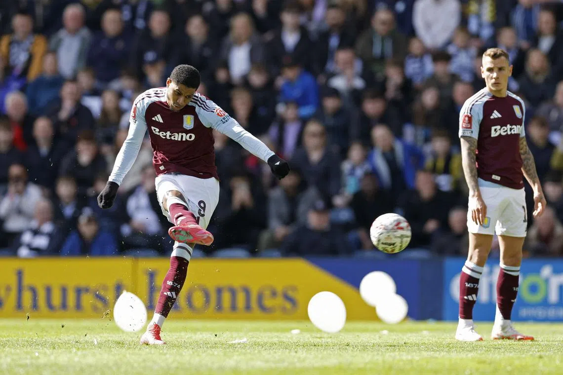 Two-goal hero Marcus Rashford taking a free kick during Aston Villa's 3-0 FA Cup quarter-final win over Preston North End at Deepdale on March 30.