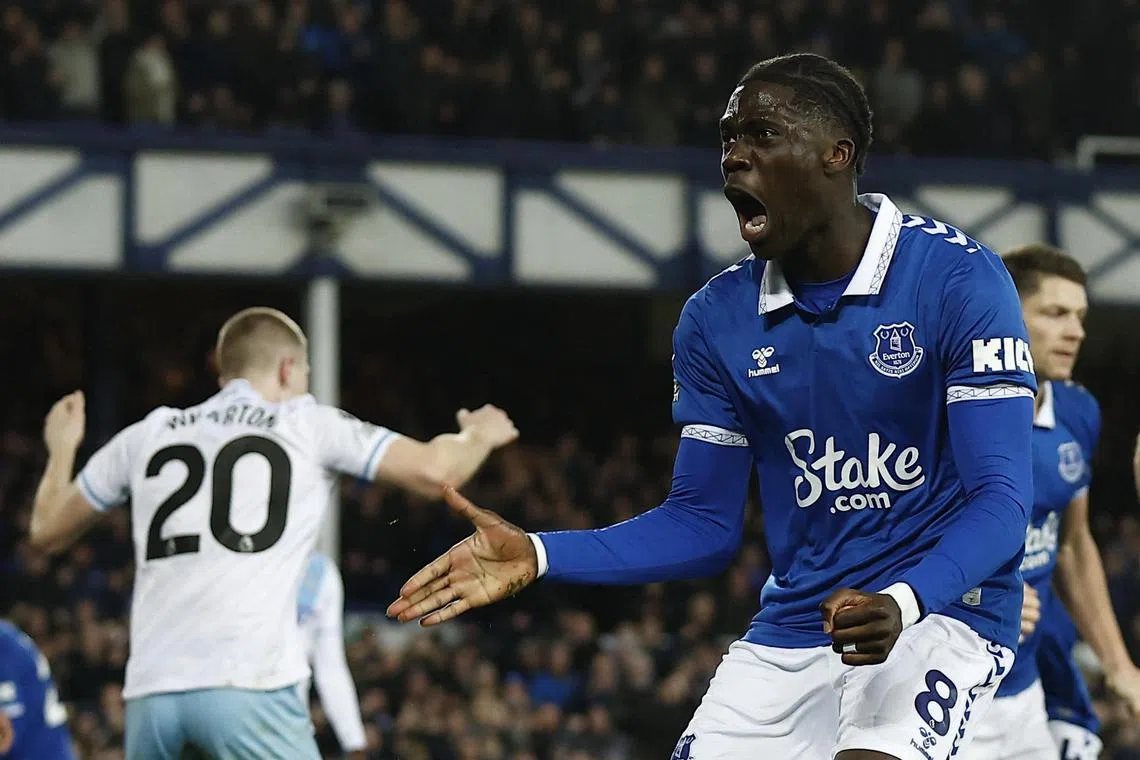 Everton's Amadou Onana celebrating after scoring a goal against Crystal Palace. 