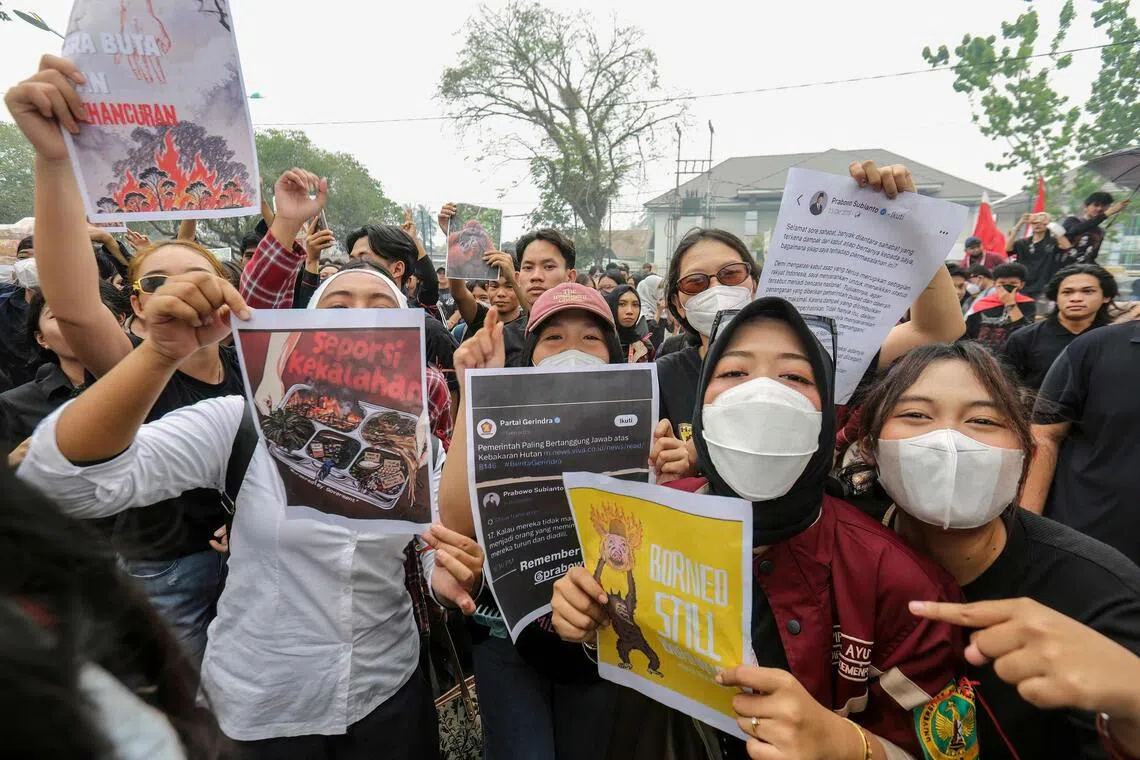 Protesters from the Central Kalimantan People Fighting Alliance demand government action on forest and land fires in Palangka Raya, on Oct 19.