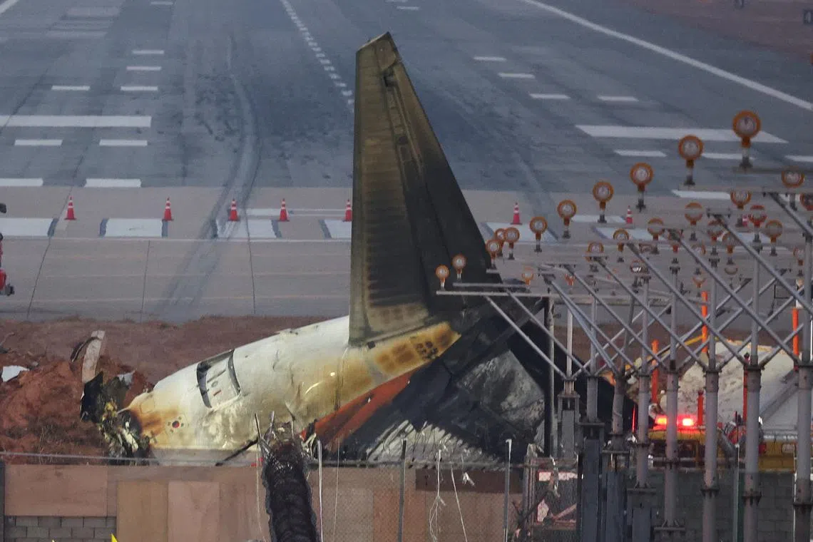 FILE PHOTO: The wreckage of the Jeju Air aircraft that went off the runway and crashed lies at Muan International Airport, in Muan, South Korea, December 30, 2024. REUTERS/Kim Hong-Ji/File Photo