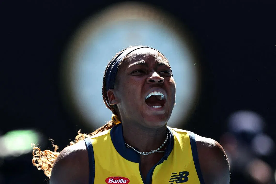 Coco Gauff celebrates after her hard-working victory over Marta Kostyuk in the Australian Open quarter-finals.