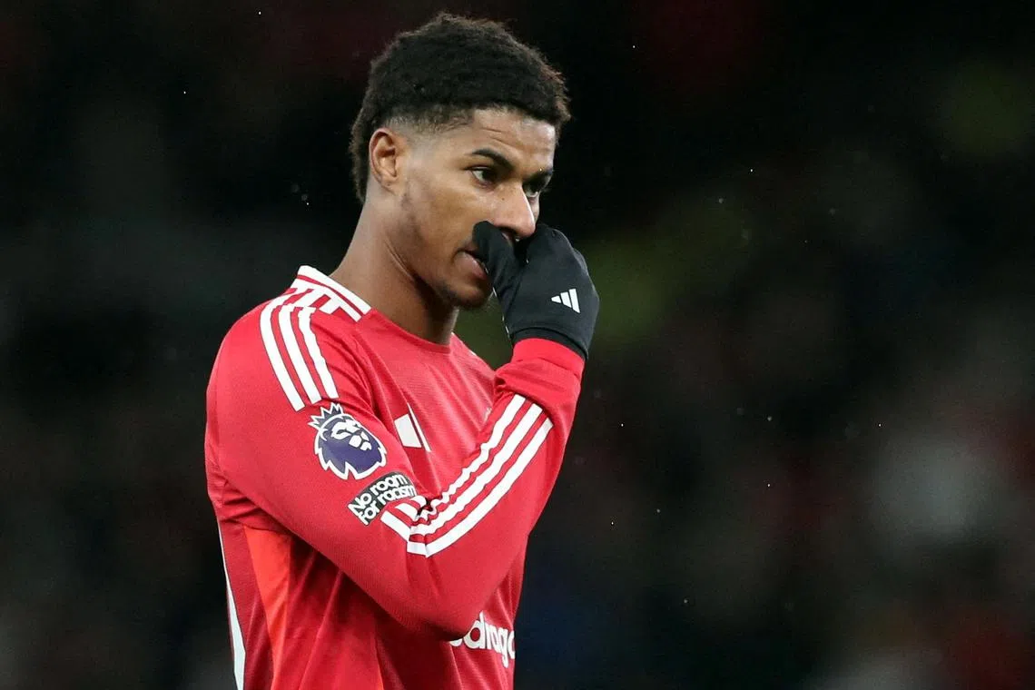 FILE PHOTO: Soccer Football - Premier League - Manchester United v Nottingham Forest - Old Trafford, Manchester, Britain - December 7, 2024
Manchester United's Marcus Rashford REUTERS/Scott Heppell EDITORIAL USE ONLY. NO USE WITH UNAUTHORIZED AUDIO, VIDEO, DATA, FIXTURE LISTS, CLUB/LEAGUE LOGOS OR 'LIVE' SERVICES. ONLINE IN-MATCH USE LIMITED TO 120 IMAGES, NO VIDEO EMULATION. NO USE IN BETTING, GAMES OR SINGLE CLUB/LEAGUE/PLAYER PUBLICATIONS. PLEASE CONTACT YOUR ACCOUNT REPRESENTATIVE FOR FURTHER DETAILS../File Photo