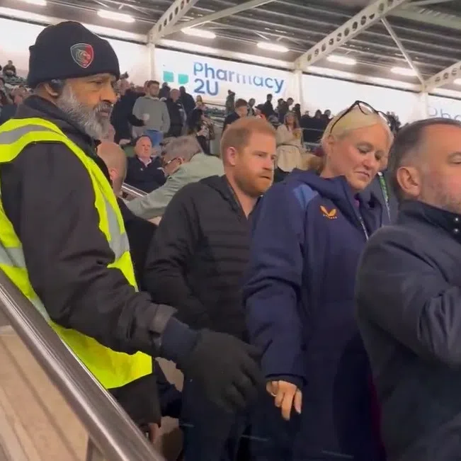 Britain’s Prince Harry (centre) attending an English Prem rugby match on Oct 9 in Leicester, England.