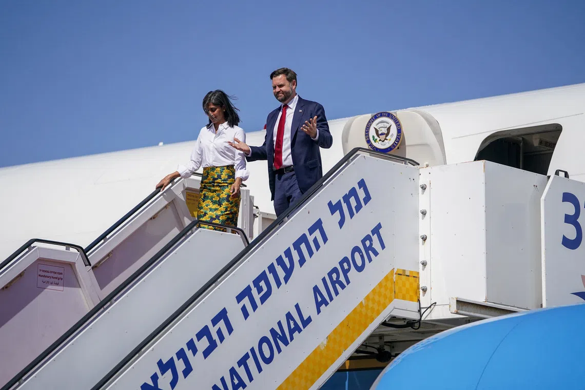 US Vice-President J.D. Vance and his wife arrive in Israel on Oct 21, where he is expected to shore up support for the ceasefire and post-war reconstruction plans brokered by US President Donald Trump.