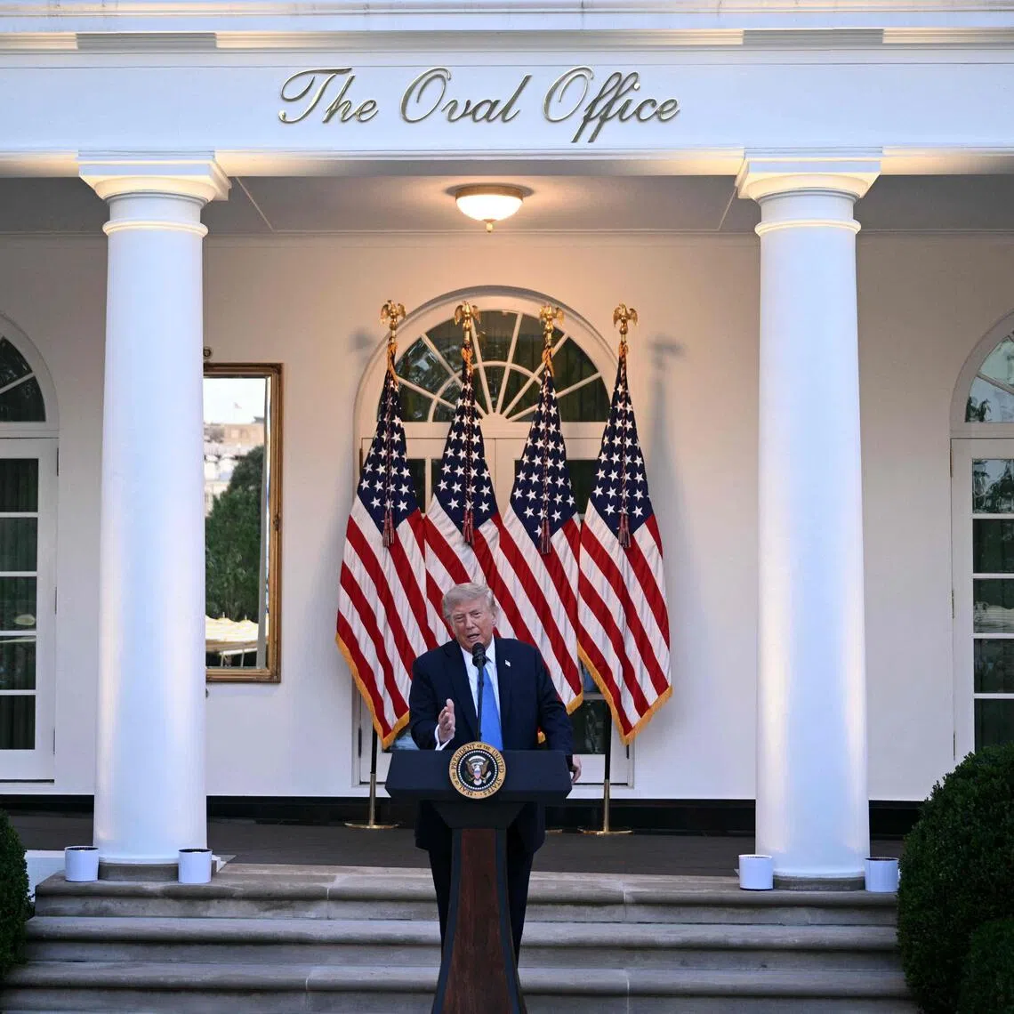 US President Donald Trump speaks while hosting a Rose Garden dinner at the White House in Washington, DC, on September 2, 2026. (Photo by Brendan SMIALOWSKI / AFP)