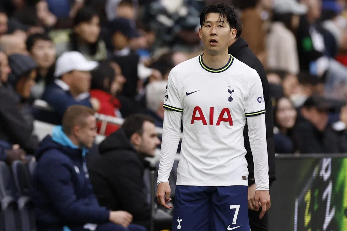 Tottenham's Son Heung-min walking off the pitch after being substituted in the 1-0 win over Crystal Palace on May 6, 2023..