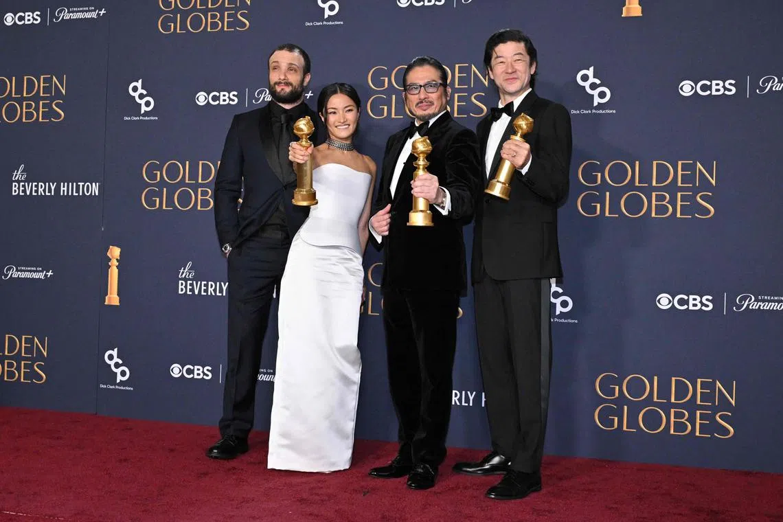 (From R) Japanese actor Tadanobu Asano, Japanese actor Hiroyuki Sanada and Japanese actress Anna Sawai pose in the press room with the award for Best Television Series - Drama "Shogun" during the 82nd annual Golden Globe Awards at the Beverly Hilton hotel in Beverly Hills, California, on January 5, 2025. (Photo by Robyn BECK / AFP)