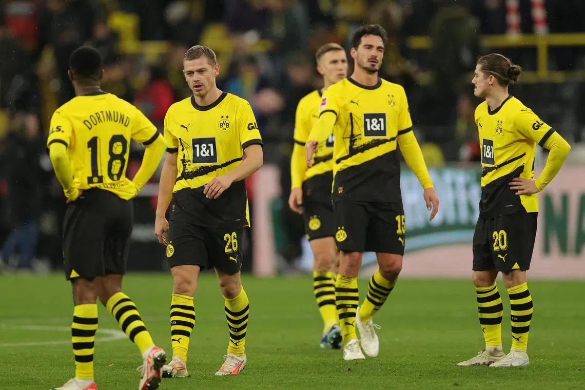 Borussia Dortmund players reacting after their 4-0 Bundesliga defeat by Bayern Munich on Saturday.
