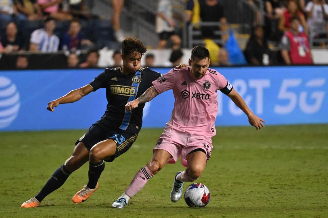 Inter Miami's Argentine forward #10 Lionel Messi vies with Philadelphia's US midfielder #33 Quinn Sullivan during the CONCACAF Leagues Cup semifinal football match between Inter Miami and Philadelphia Union at Subaru Park Stadium in Chester, Pennsylvania, on August 15, 2023. (Photo by ANGELA WEISS / AFP)