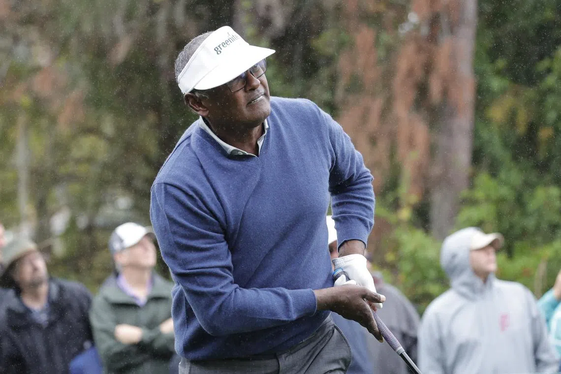 Dec 17, 2023; Orlando, Florida, USA;  Vijay Singh plays his shot from the first tee during the PNC Championship at The Ritz-Carlton Golf Club. Mandatory Credit: Reinhold Matay-USA TODAY Sports