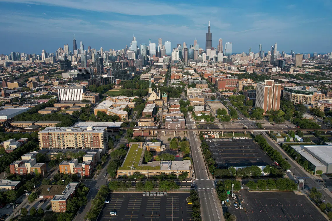A drone picture shows the Chicago skyline in Chicago, Illinois, U.S. August 14, 2024.  REUTERS/Vincent Alban
