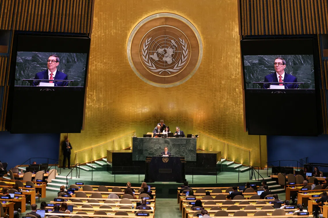 Cuba’s Foreign Affairs Minister Bruno Eduardo Rodriguez Parrilla addresses the 80th United Nations General Assembly (UNGA), at the U.N. headquarters in New York City, U.S., September 27, 2025. REUTERS/Caitlin Ochs