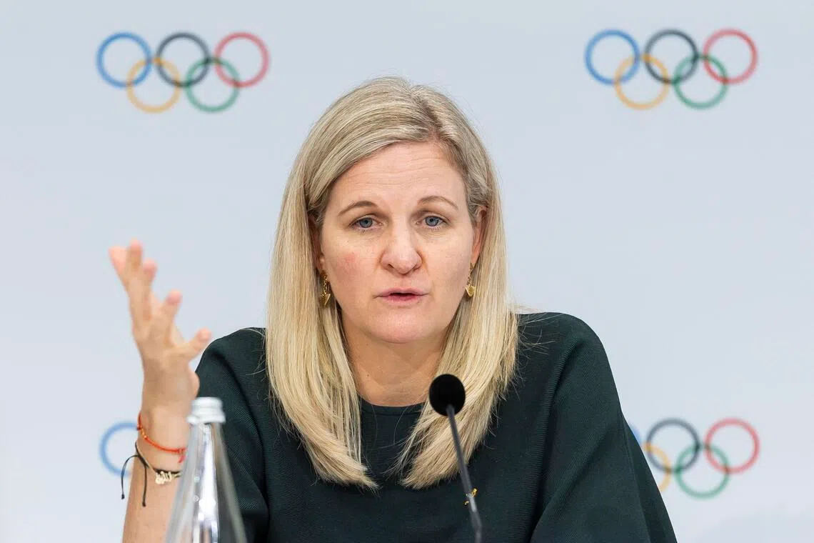 International Olympic Committee president Kirsty Coventry speaking during a press conference in Lausanne, Switzerland, on June 24.