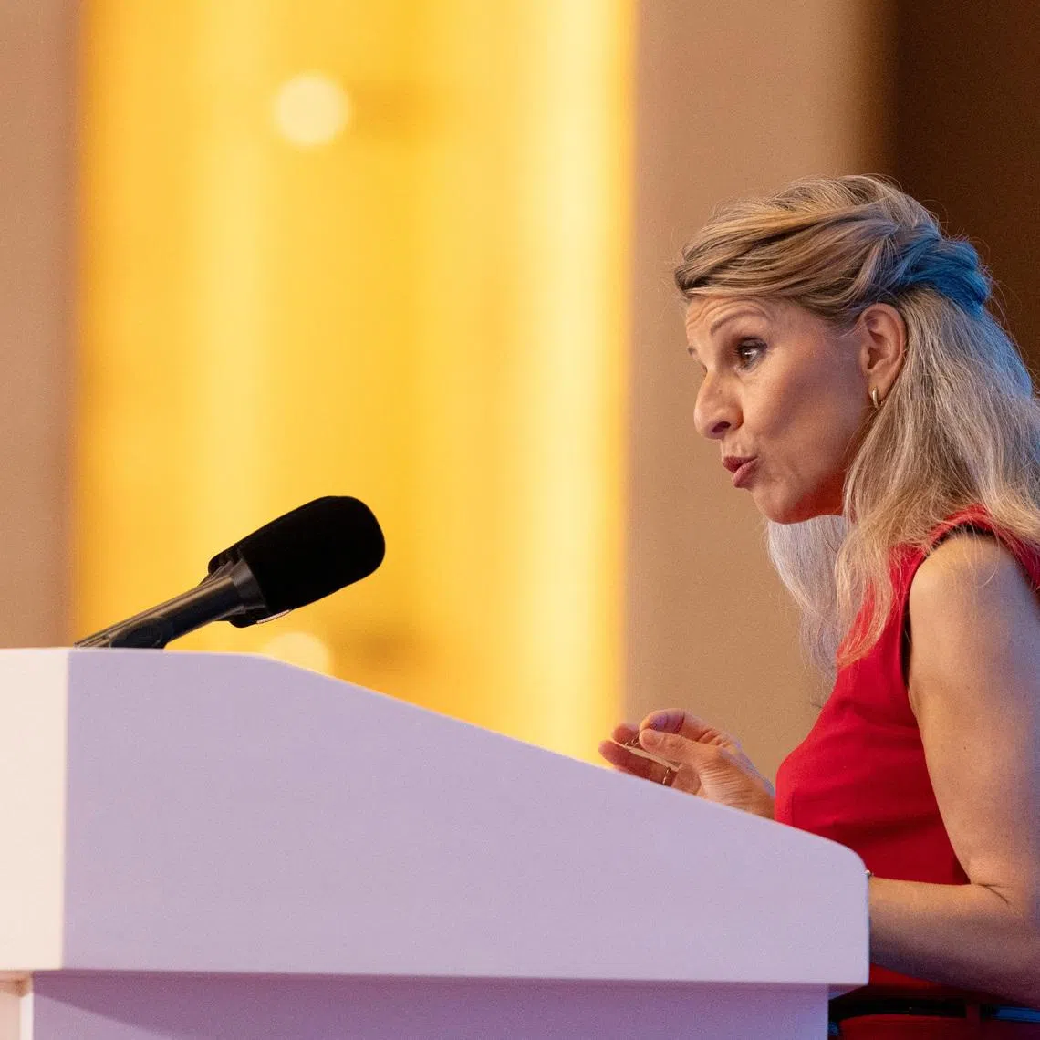 Spain's Labour Minister Yolanda Diaz gives the opening speech at the Global Trade and Investment Promotion Summit 2026 in Diaoyutai State Guesthouse, in Beijing, China, May 18, 2026. ANDRES MARTINEZ CASARES/Pool via REUTERS