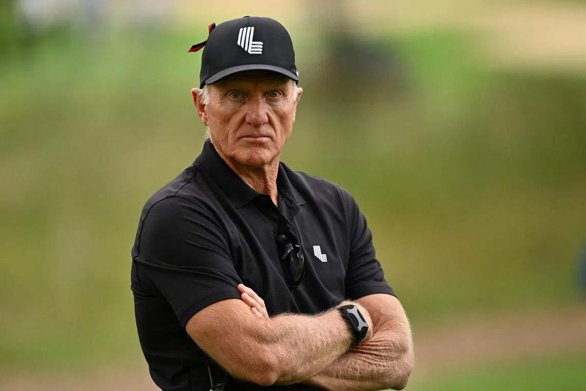 FILE PHOTO: Sep 24, 2023; Sugar Grove, Illinois, USA; Greg Norman watches the action on the 11th green during the final round of the LIV Golf Chicago golf tournament at Rich Harvest Farms. Mandatory Credit: Jamie Sabau-USA TODAY Sports/File Photo