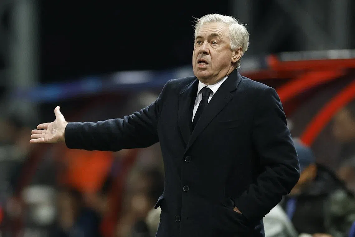 Soccer Football - Champions League - Brest v Real Madrid - Stade de Roudourou, Guingamp, France - January 29, 2025 Real Madrid coach Carlo Ancelotti reacts REUTERS/Gonzalo Fuentes